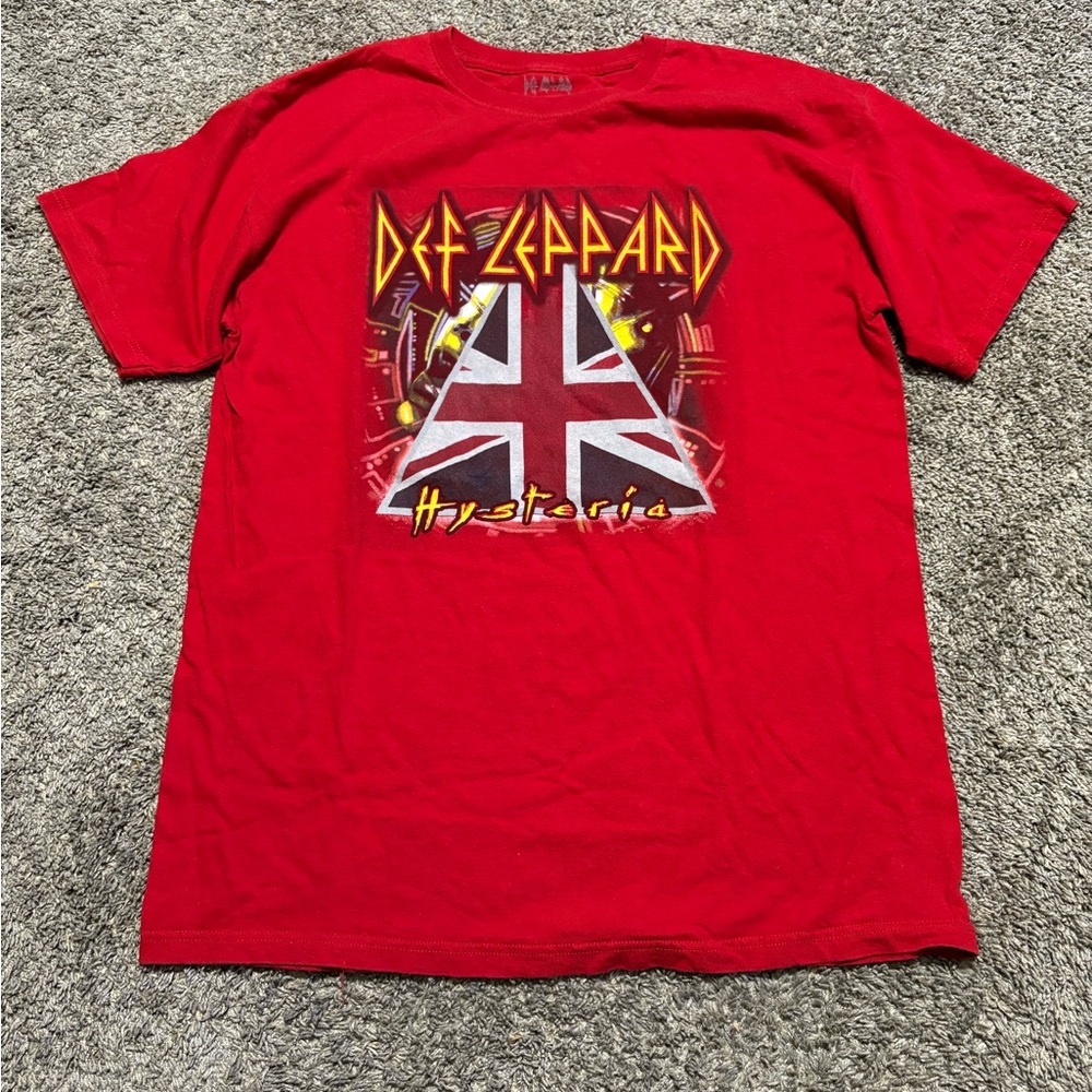 Def Leppard Hysteria Band T-Shirt Mens large Red Album Cover UK Flag Graphic Tee
